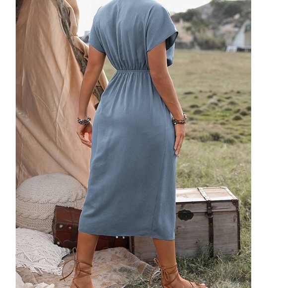 Plus Dusty Blue Surplice Side Tie Wrap Minimalist Dress - Picture 3 of 4